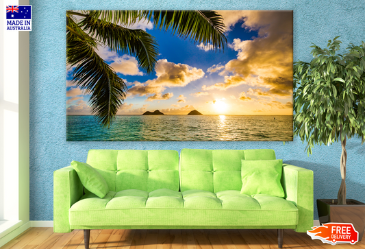 Beach Sunset Coconut Tree And Far Island Photograph Print 100% Australian Made