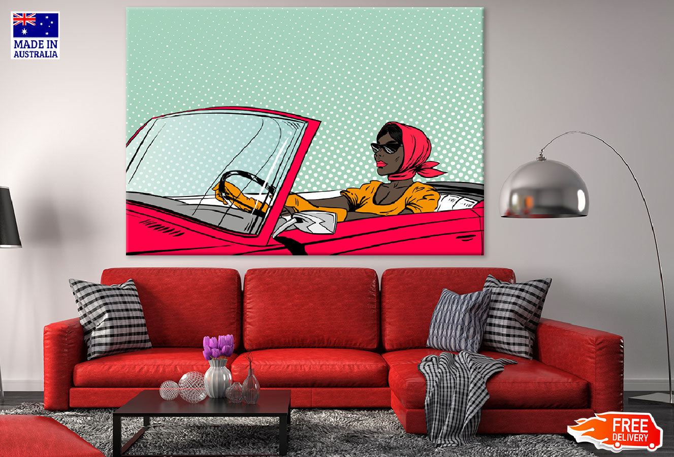 Girl with Scarf Driving a Car Illustration Print 100% Australian Made