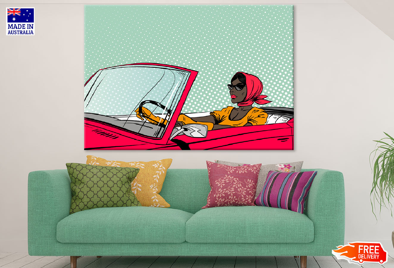 Girl with Scarf Driving a Car Illustration Print 100% Australian Made