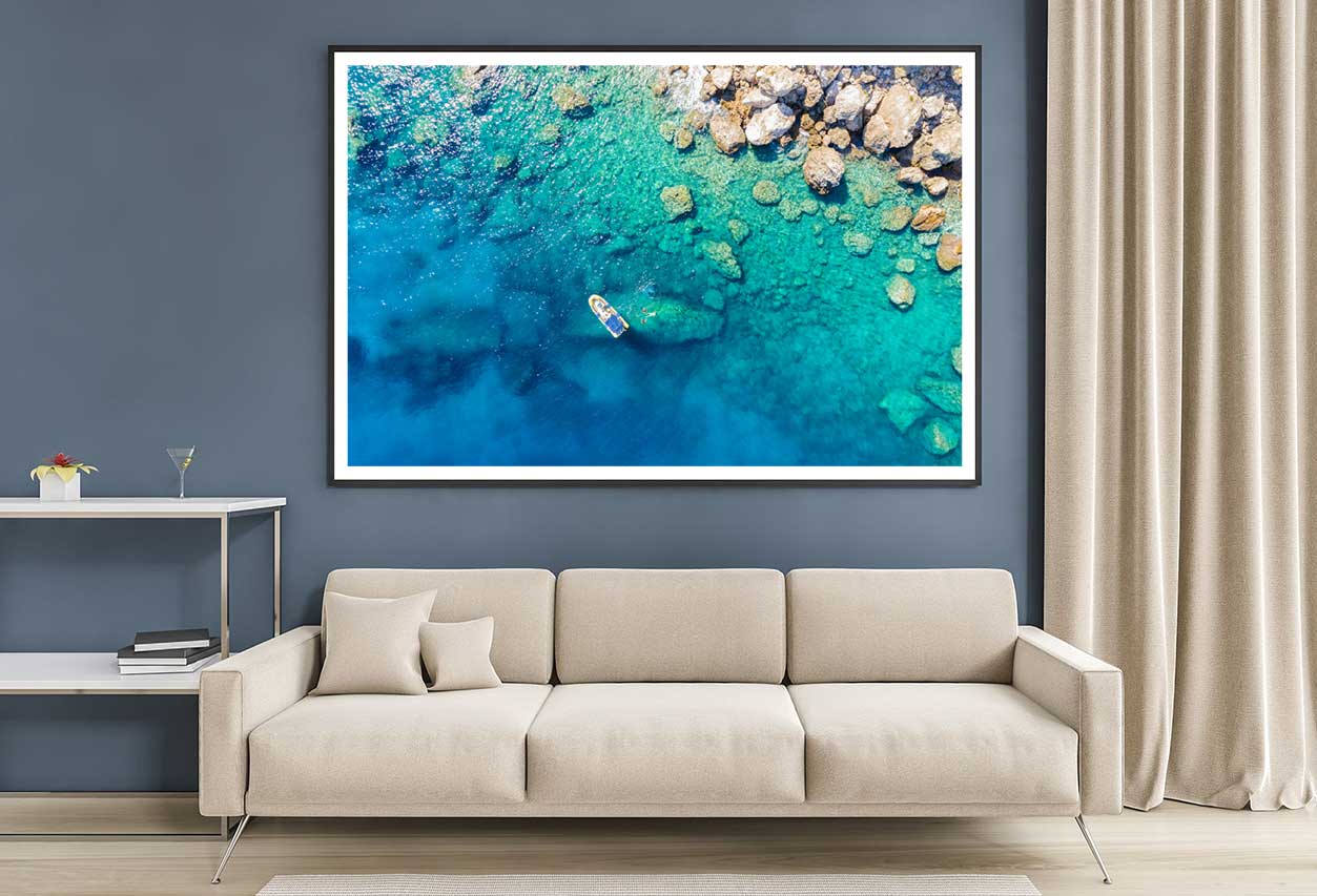 Rib Boat on Rocky Blue Sea Aerial View Photograph Home Decor Premium Quality Poster Print Choose Your Sizes