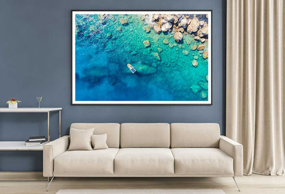 Rib Boat on Rocky Blue Sea Aerial View Photograph Home Decor Premium Quality Poster Print Choose Your Sizes