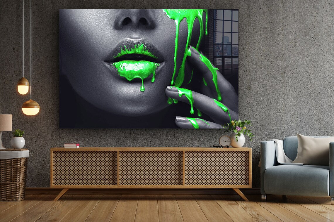 Makeup Girl Green Lips Print Tempered Glass Wall Art 100% Made in Australia Ready to Hang