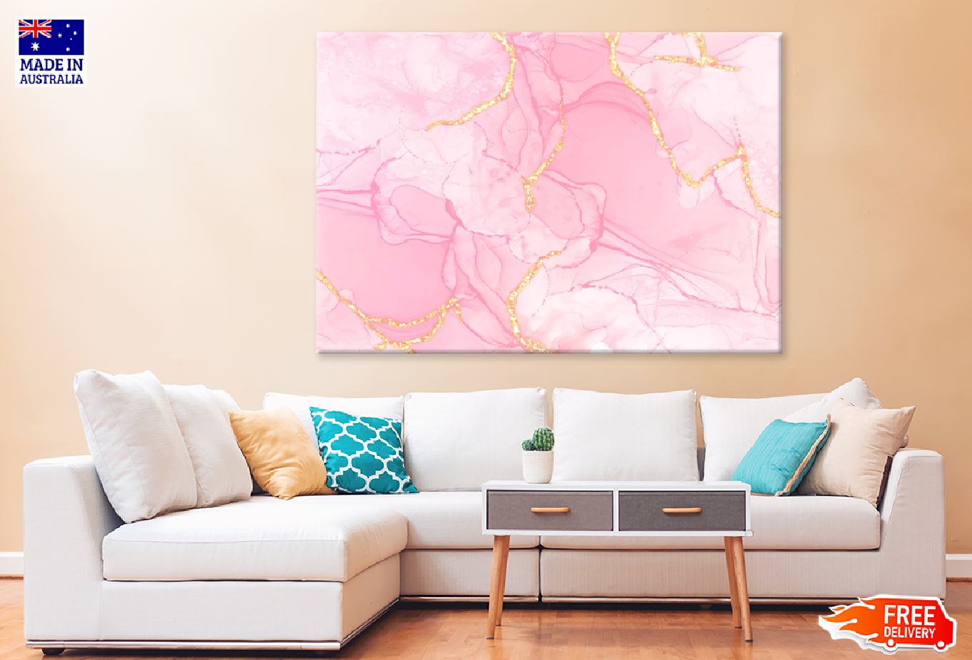 White Pink Liquid & Gold Abstract Design Print 100% Australian Made