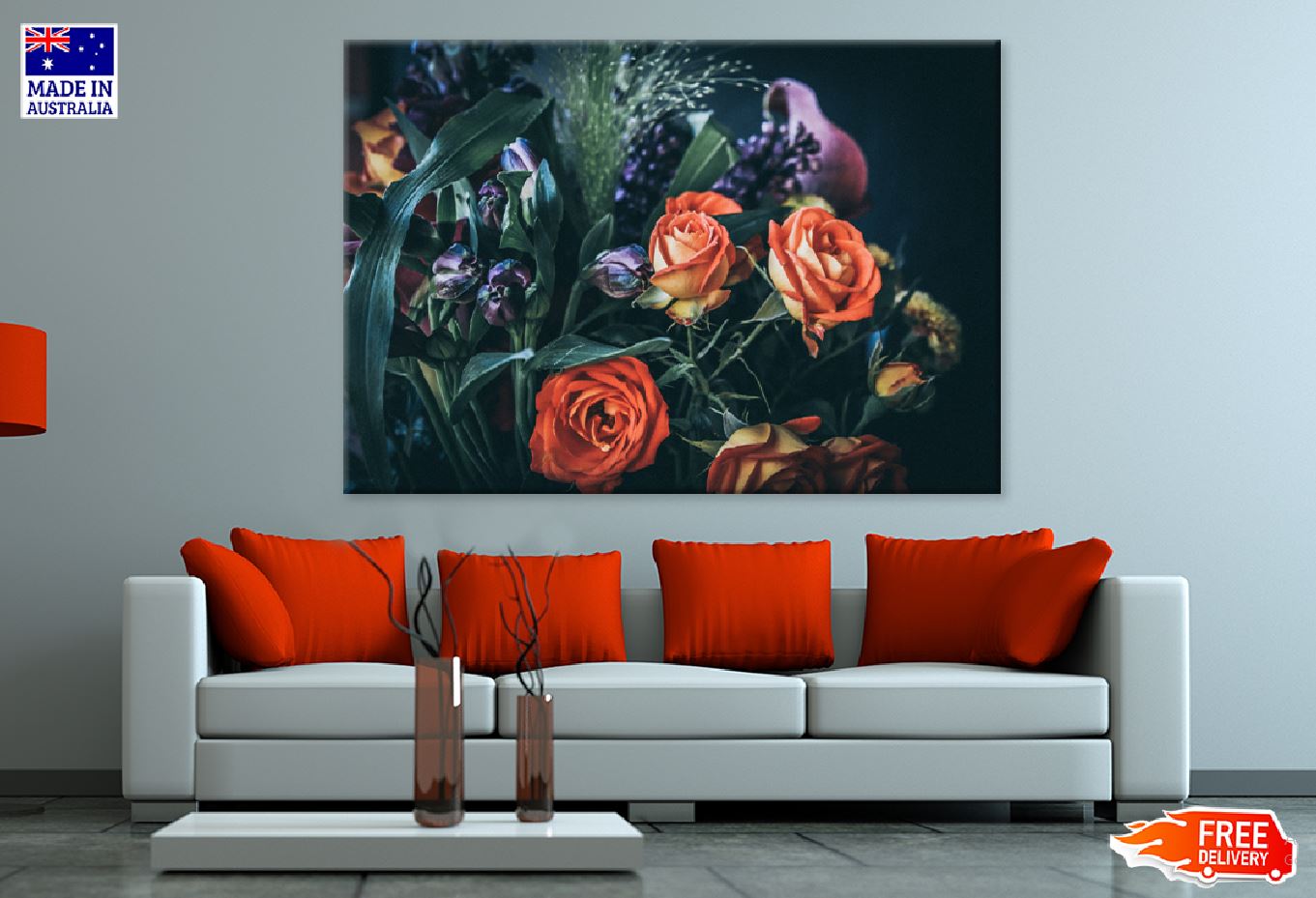 Orange Roses Purple Flowers View Photograph Print 100% Australian Made