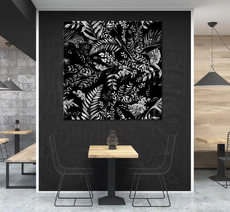 Square Canvas Branches & Fern Leaves B&W Digital Art High Quality Print 100% Australian Made