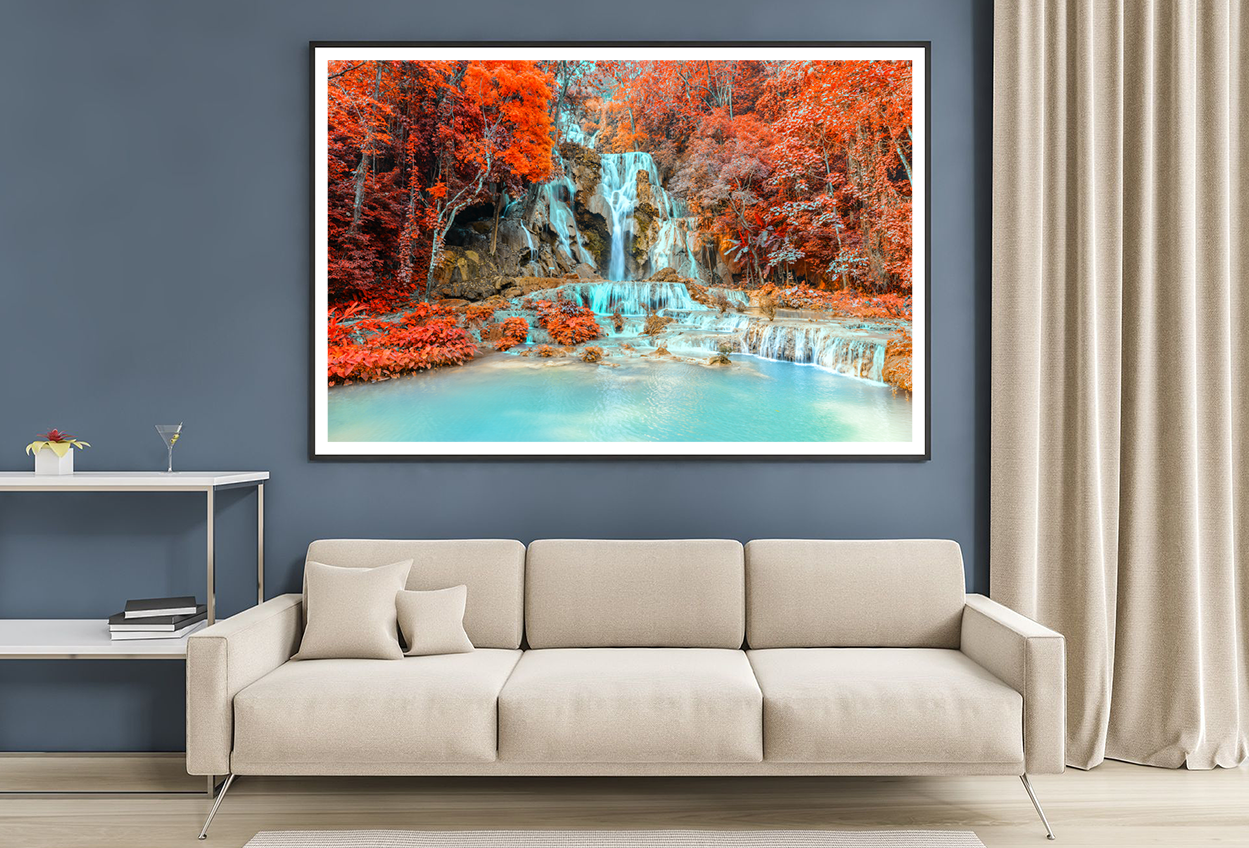 Autumn Trees & Waterfall View Photograph Home Decor Premium Quality Poster Print Choose Your Sizes