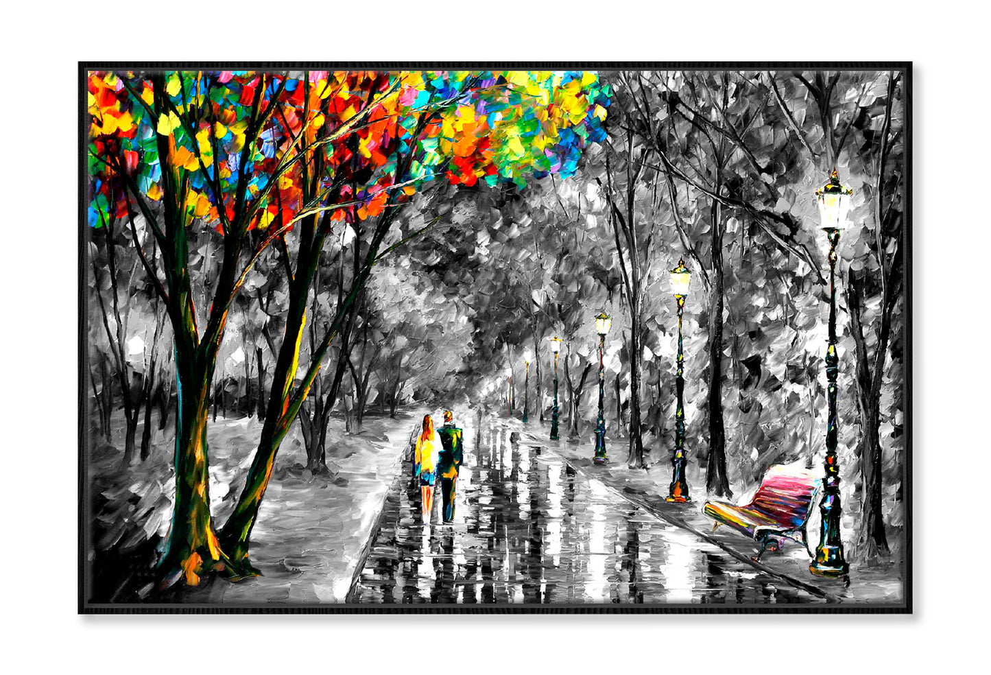 Colorful Leaves Tree & Couple with B&W Forest Painting Wall Art Limited Edition High Quality Print Canvas Box Framed Black