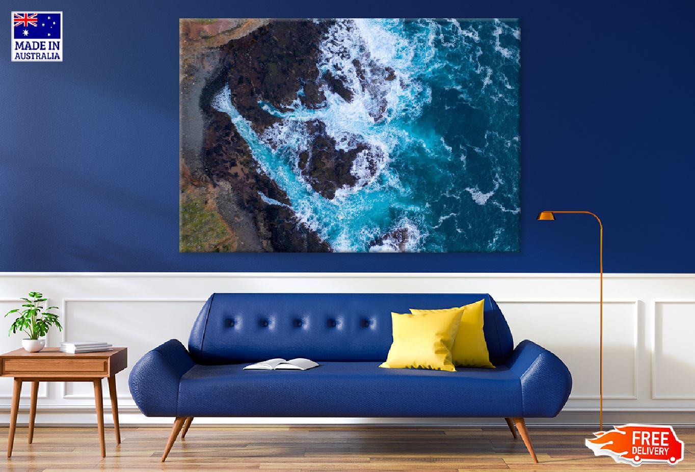 Blue Sea Waves on Rocks Aerial View Photograph Print 100% Australian Made