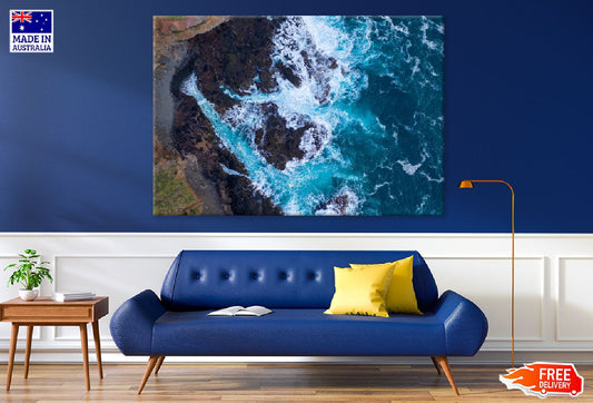 Blue Sea Waves on Rocks Aerial View Photograph Print 100% Australian Made