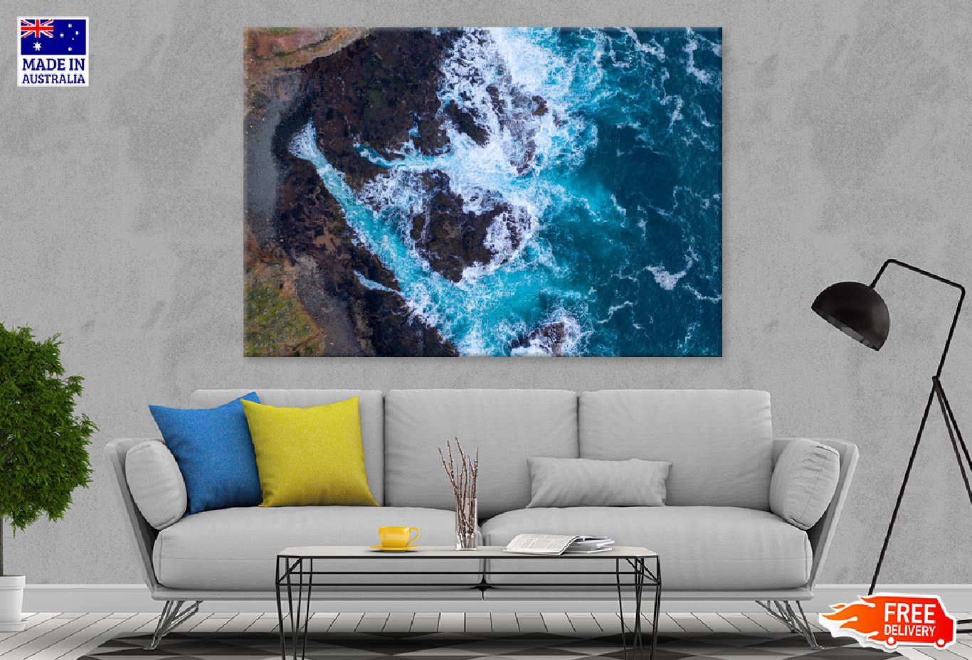 Blue Sea Waves on Rocks Aerial View Photograph Print 100% Australian Made