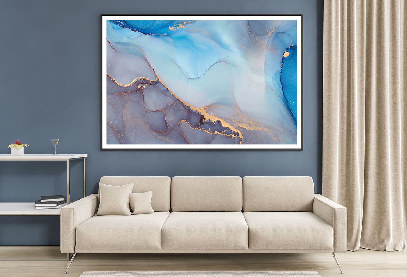 Grey Blue & Gold Fluid Abstract Design Home Decor Premium Quality Poster Print Choose Your Sizes