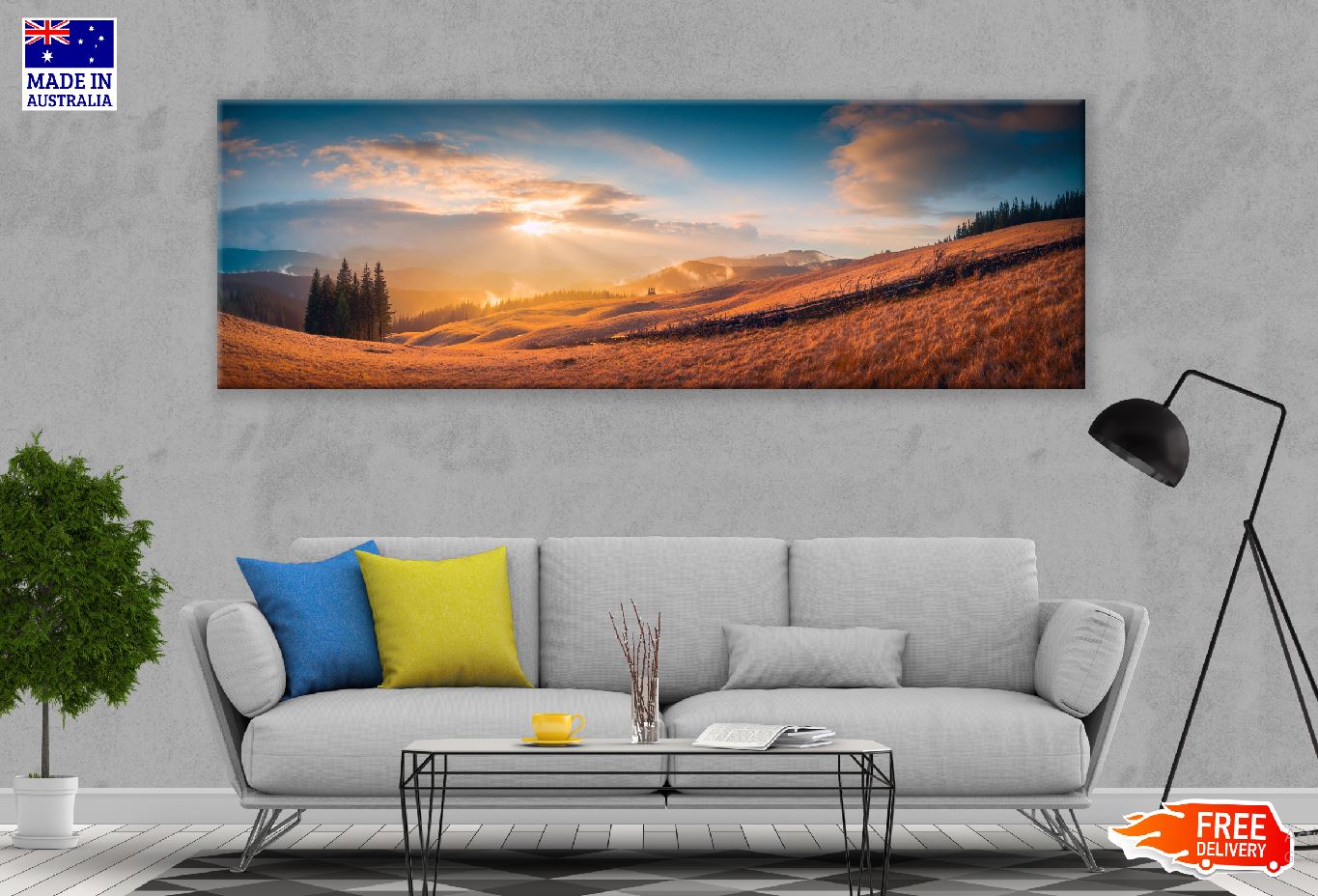 Panoramic Forest Hill Sunset Scenery Photograph High Quality 100% Australian Made Wall Canvas Print Ready to Hang