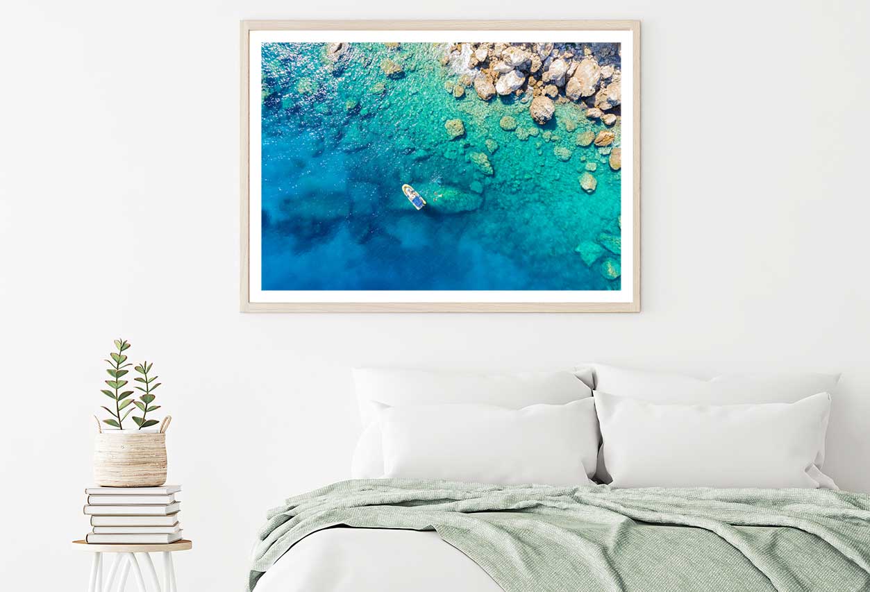 Rib Boat on Rocky Blue Sea Aerial View Photograph Home Decor Premium Quality Poster Print Choose Your Sizes