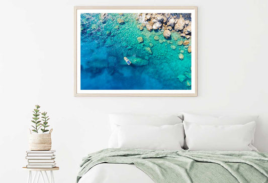 Rib Boat on Rocky Blue Sea Aerial View Photograph Home Decor Premium Quality Poster Print Choose Your Sizes