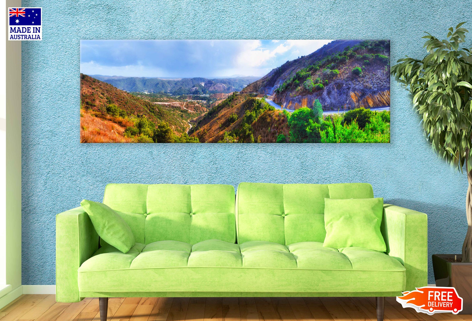 Panoramic Canvas Mountain Valley Road Scenery Photograph High Quality 100% Australian Made Wall Canvas Print Ready to Hang