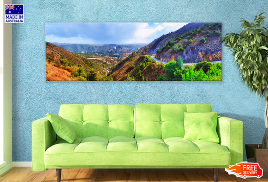 Panoramic Canvas Mountain Valley Road Scenery Photograph High Quality 100% Australian Made Wall Canvas Print Ready to Hang