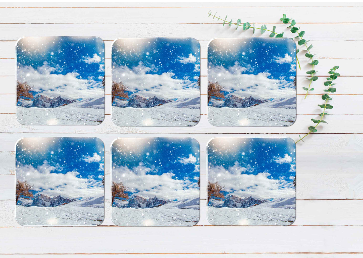 Christmas Snow Fall in Italy Coasters Wood & Rubber - Set of 6 Coasters