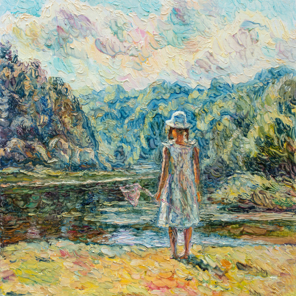 Square Canvas Little Girl near Lake Oil Painting High Quality Print 100% Australian Made