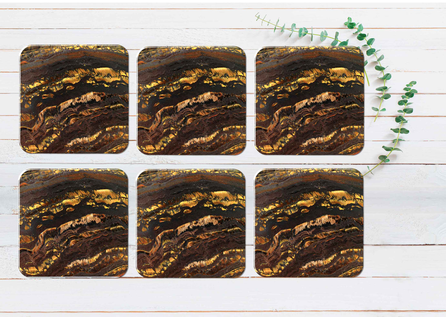 Gold & Brown Abstract Coasters Wood & Rubber - Set of 6 Coasters