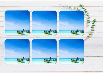 Fishing Boats on Blue Sea & Sky View Coasters Wood & Rubber - Set of 6 Coasters