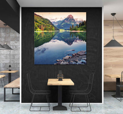 Square Canvas Mountain & Forest Lake View Scenery High Quality Print 100% Australian Made