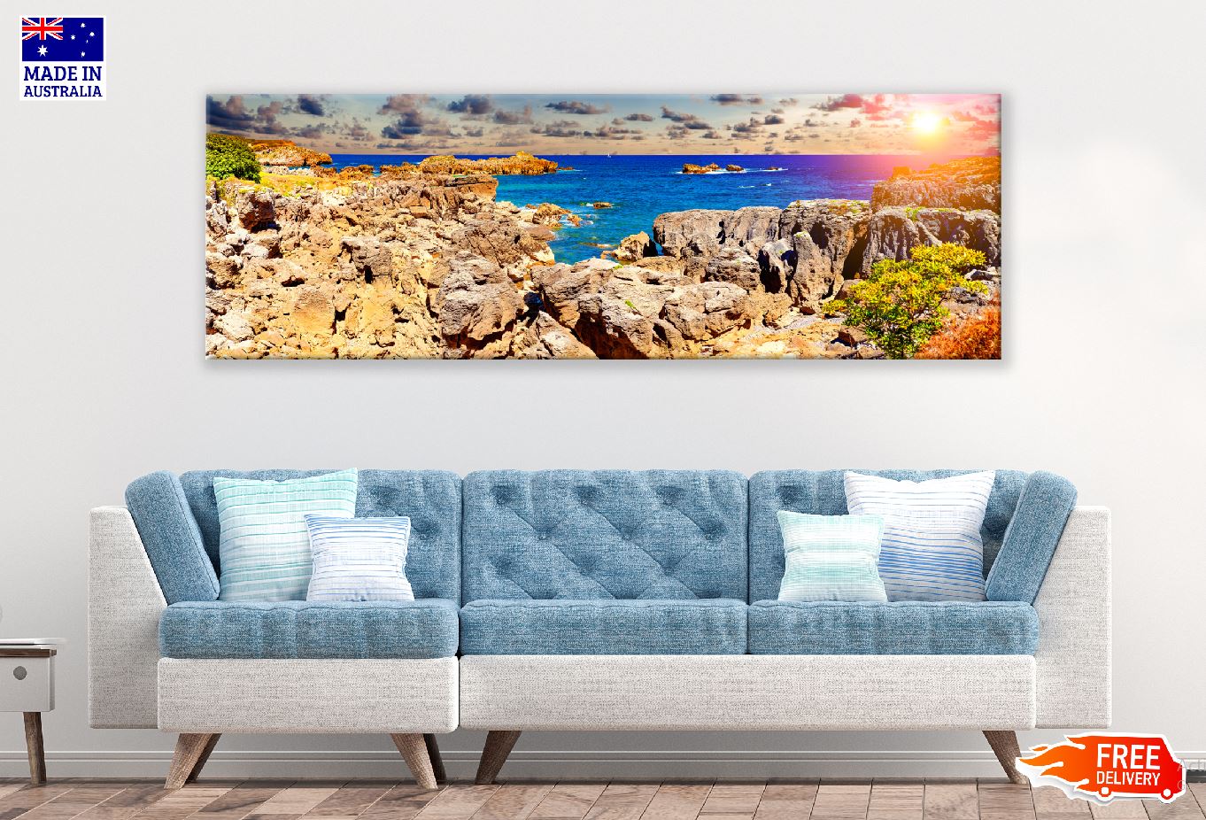 Panoramic Canvas Rocky Coastal Sea Photograph High Quality 100% Australian Made Wall Canvas Print Ready to Hang