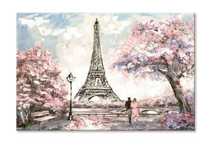 Couple near Eiffle Tower Pink Blossom Trees Painting Wall Art Limited Edition High Quality Print Stretched Canvas None