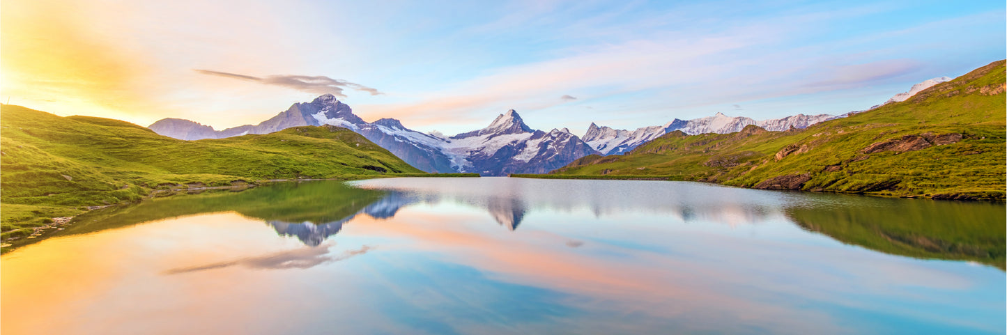 Panoramic Canvas Swiss Alps With City View High Quality 100% Australian Made Wall Canvas Print Ready to Hang