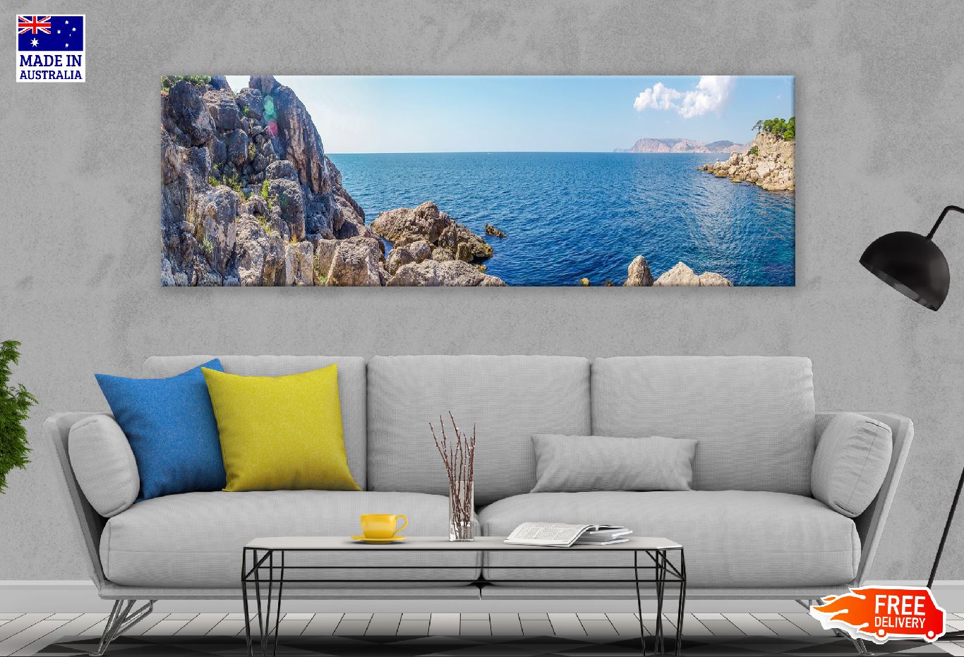 Panoramic Canvas Rocky Mountains Near Sea View Photograph High Quality 100% Australian Made Wall Canvas Print Ready to Hang