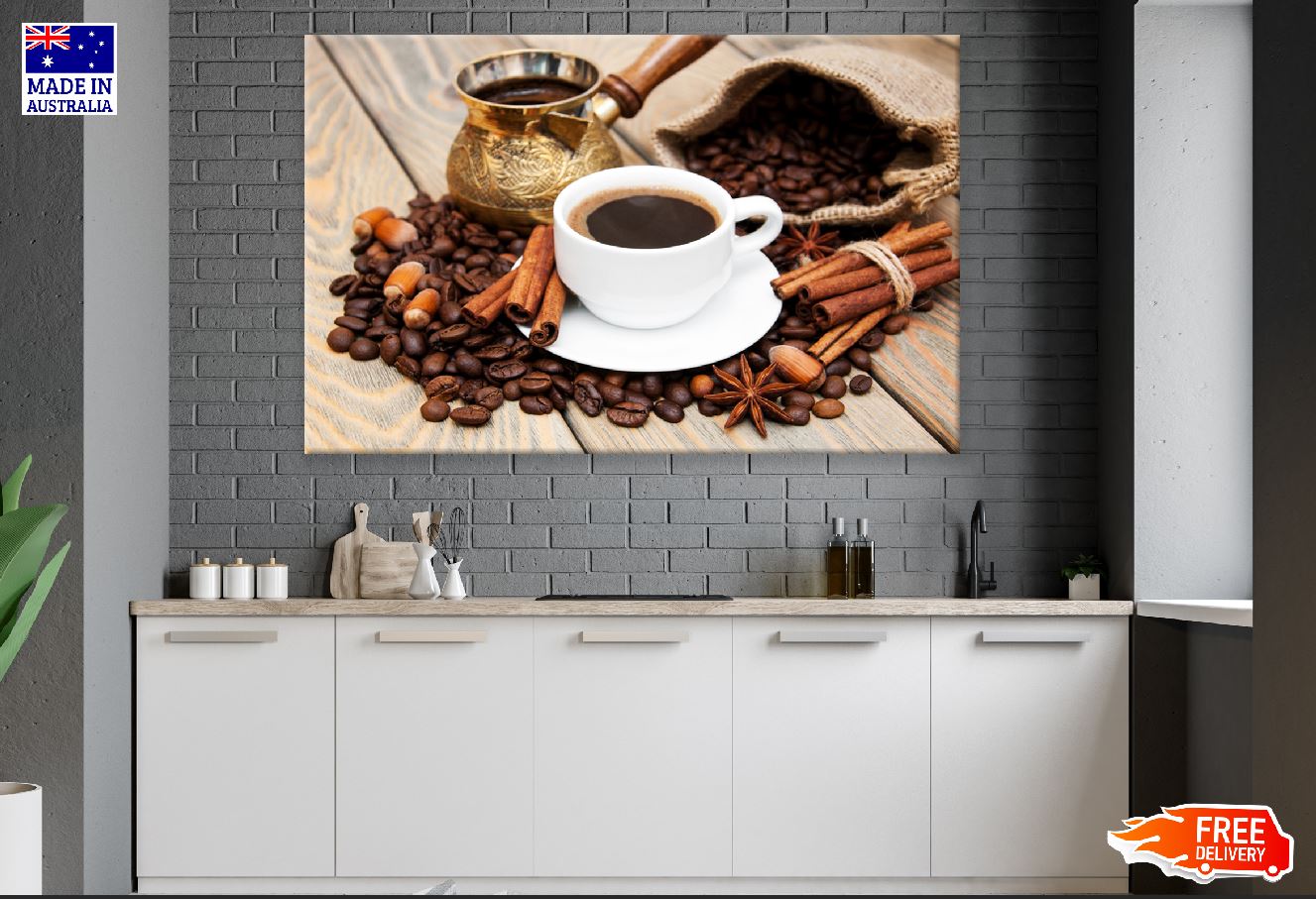 Black Coffee on a Glass and Coffee Beans with Spices Print 100% Australian Made