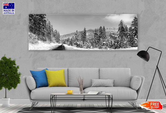 Panoramic Canvas Snow Trees B&W View Photograph High Quality 100% Australian Made Wall Canvas Print Ready to Hang