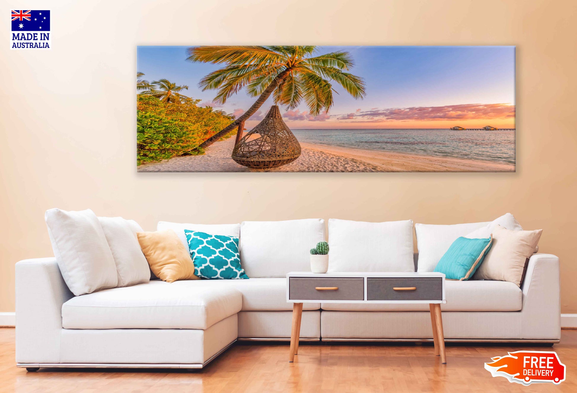 Panoramic Canvas Beach Swing Sunset View Photograph High Quality 100% Australian Made Wall Canvas Print Ready to Hang