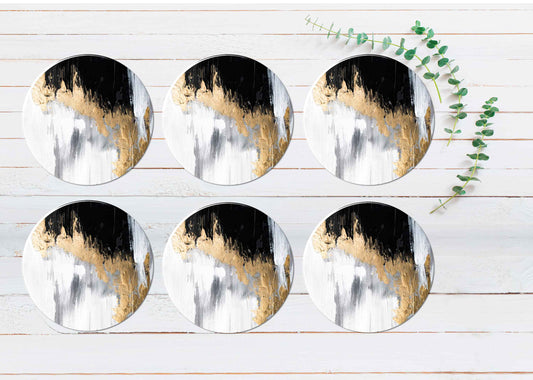 Grey White Black Gold Brush Strokes Coasters Wood & Rubber - Set of 6 Coasters