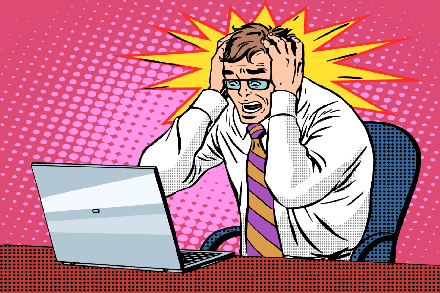 Shocked Man With Hands on Head & Laptop on Head Illustration Print 100% Australian Made