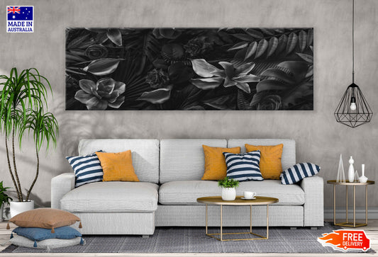 Panoramic Canvas Flowers & Leaves B&W View Photograph High Quality 100% Australian Made Wall Canvas Print Ready to Hang