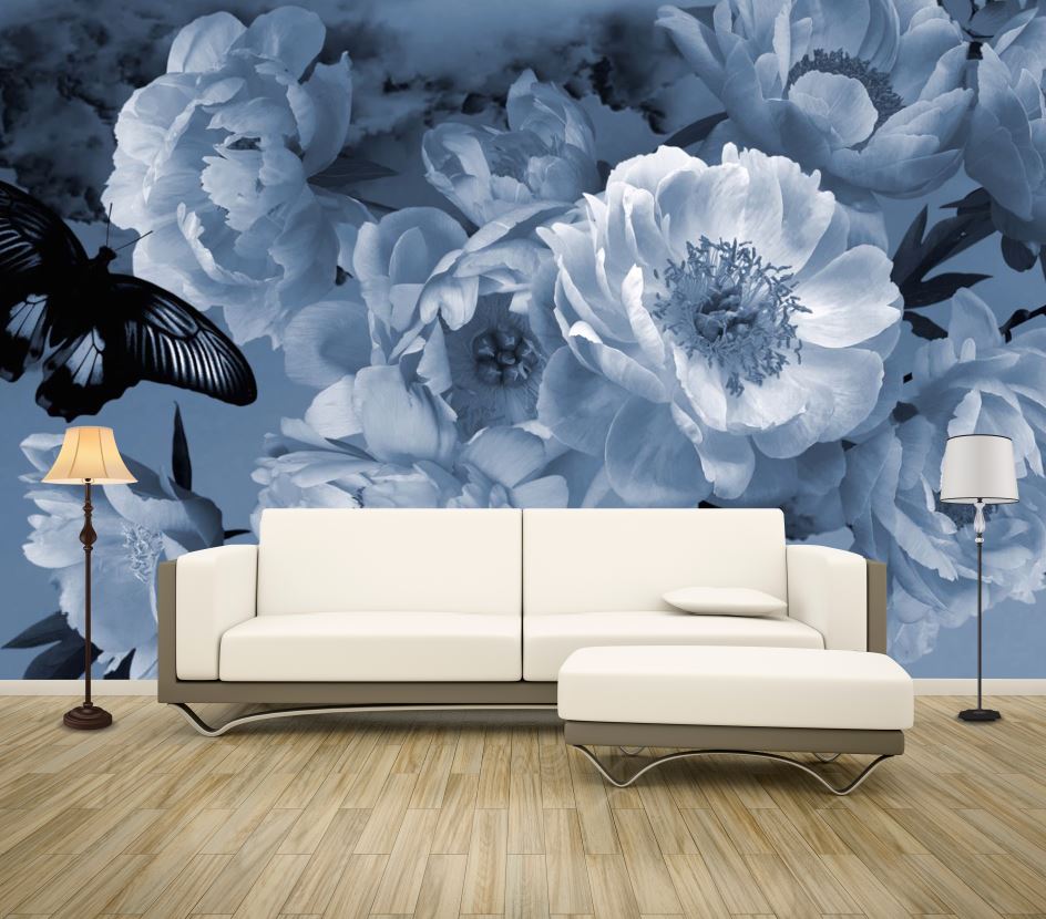 Wallpaper Murals Peel and Stick Removable Blue Peony Flowers High Quality