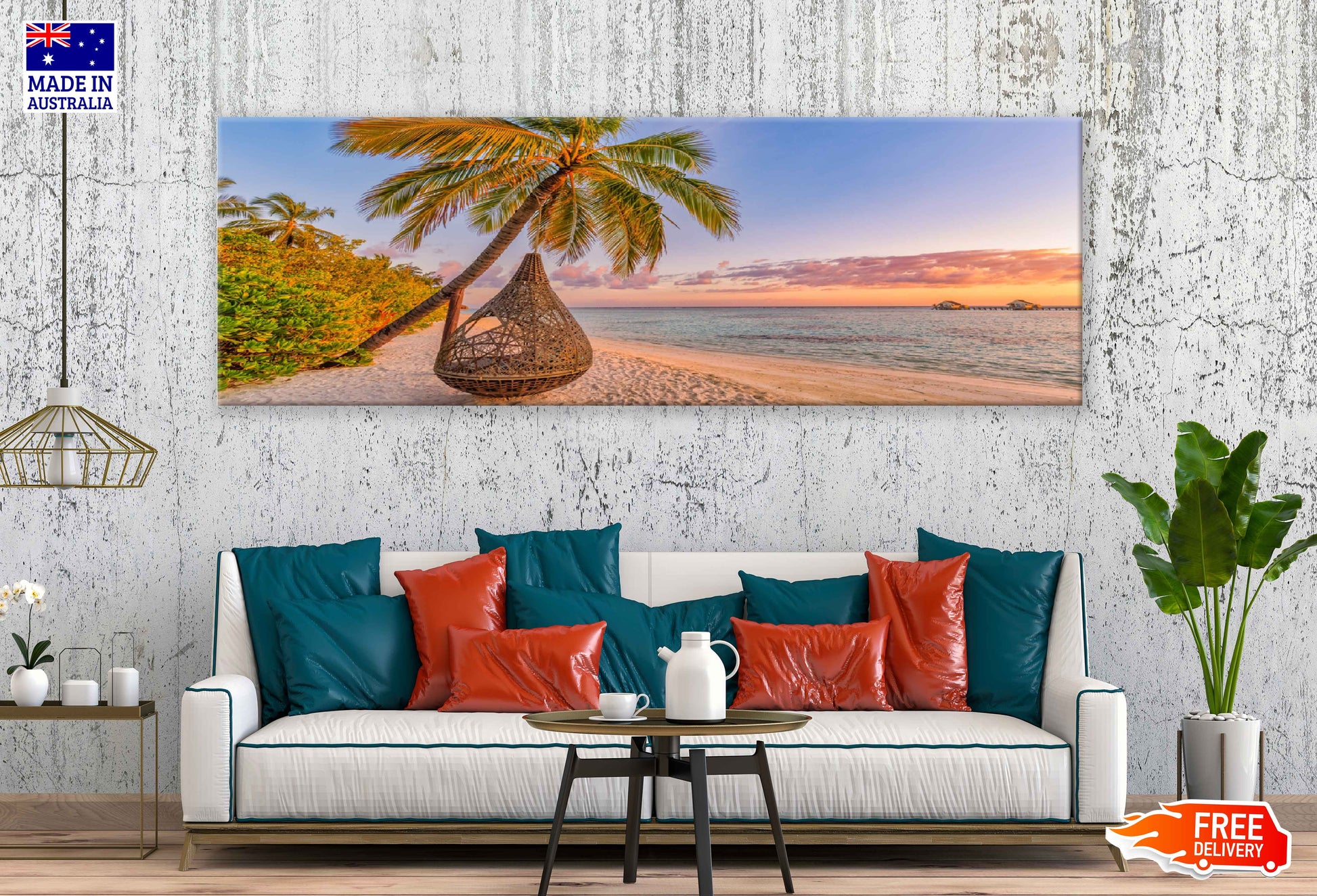 Panoramic Canvas Beach Swing Sunset View Photograph High Quality 100% Australian Made Wall Canvas Print Ready to Hang
