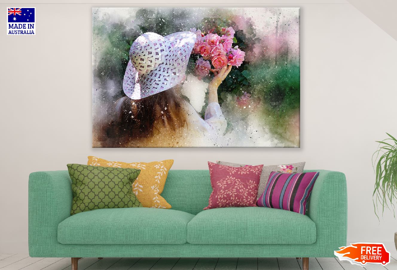 Girl with Flowers Bouquet Abstract Design Print 100% Australian Made
