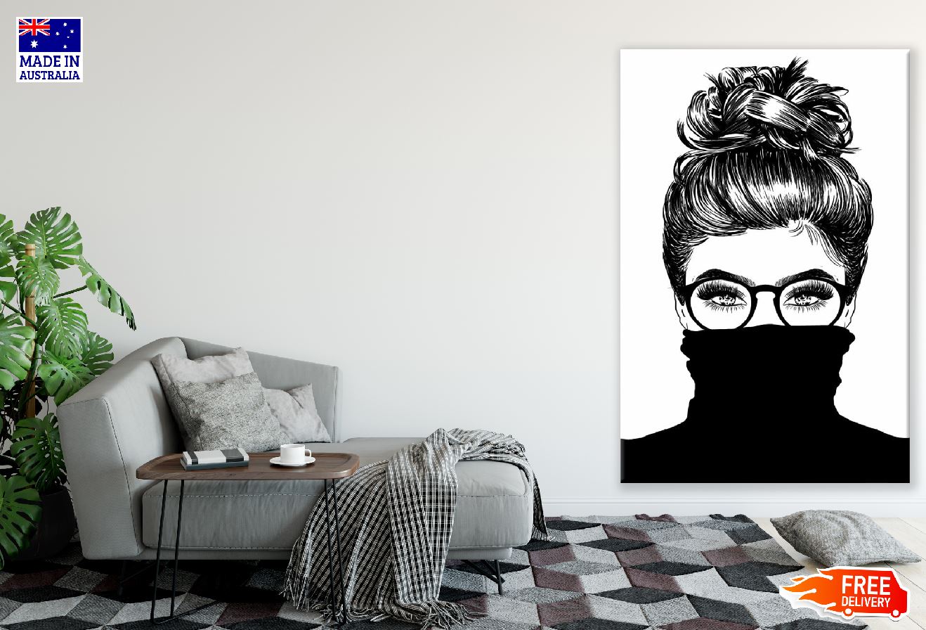 Face Covered Girl with Bun Hair B&W Illustration Print 100% Australian Made