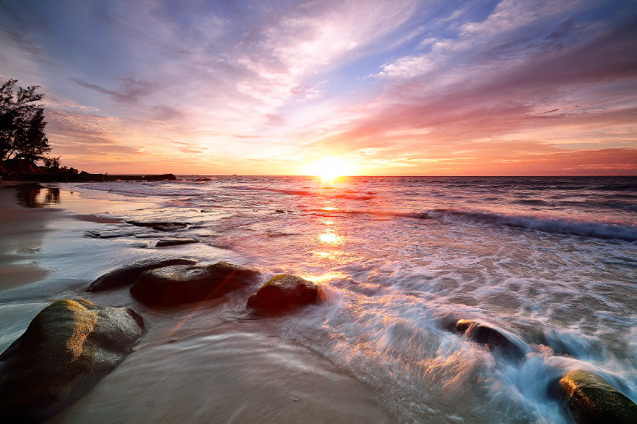 Sunset Over Rocky Beach in Sabah Photograph Home Decor Premium Quality Poster Print Choose Your Sizes