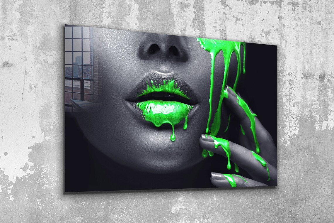 Makeup Girl Green Lips Print Tempered Glass Wall Art 100% Made in Australia Ready to Hang