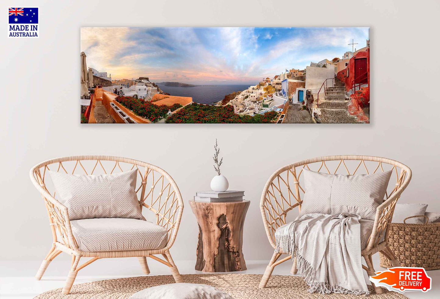 Panoramic Canvas Houses in Oia Town Sunset Sky Photograph High Quality 100% Australian Made Wall Canvas Print Ready to Hang