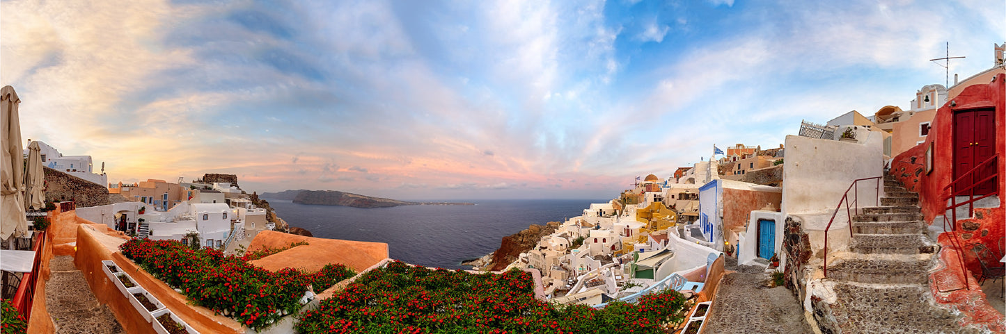 Panoramic Canvas Houses in Oia Town Sunset Sky Photograph High Quality 100% Australian Made Wall Canvas Print Ready to Hang