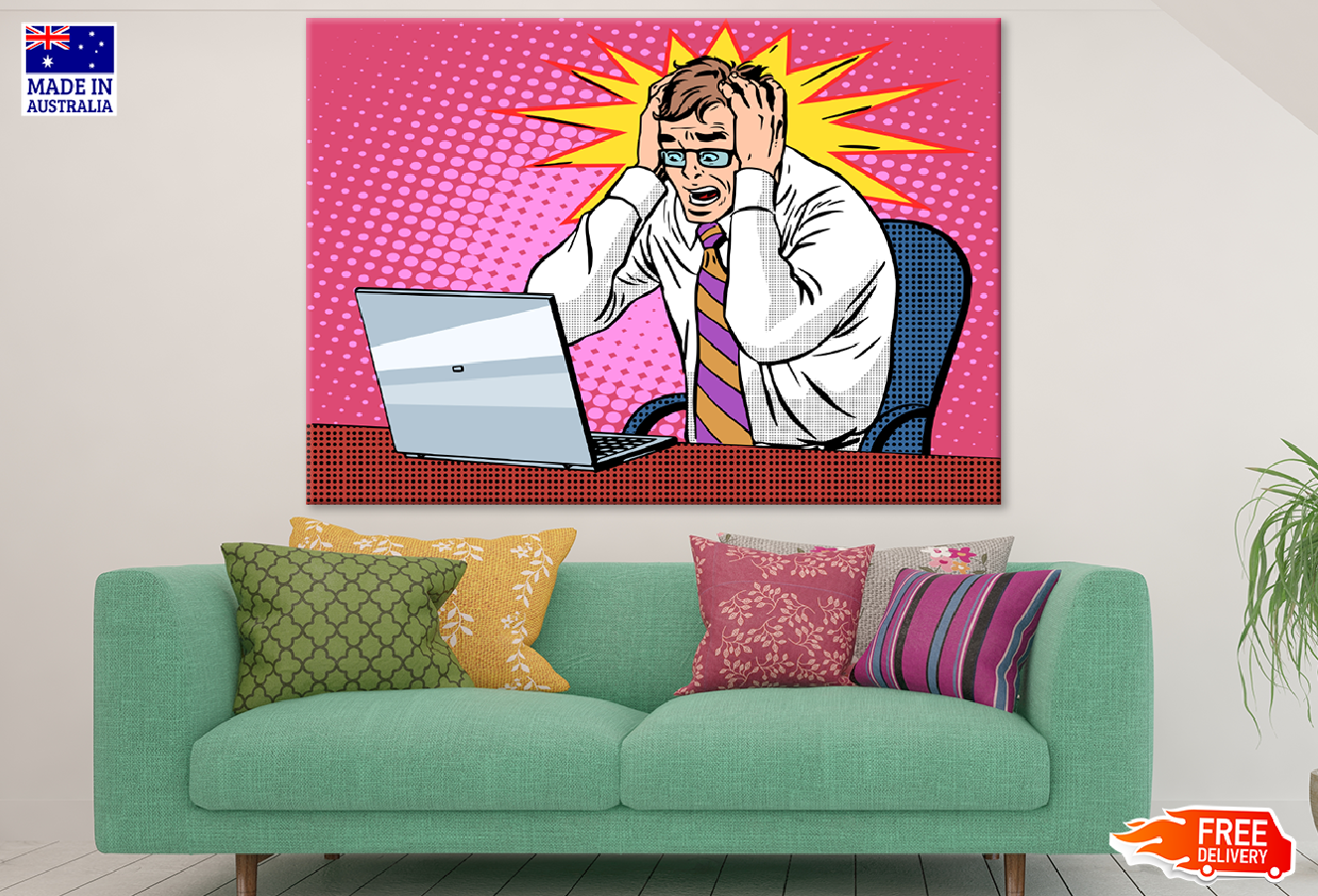 Shocked Man With Hands on Head & Laptop on Head Illustration Print 100% Australian Made