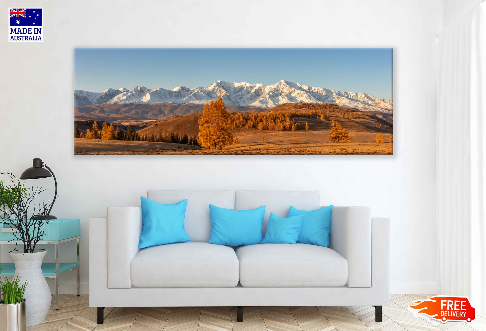 Panoramic Canvas Snow Mountain Autumn Scenery Photograph High Quality 100% Australian Made Wall Canvas Print Ready to Hang