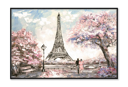 Couple near Eiffle Tower Pink Blossom Trees Painting Wall Art Limited Edition High Quality Print Canvas Box Framed Black