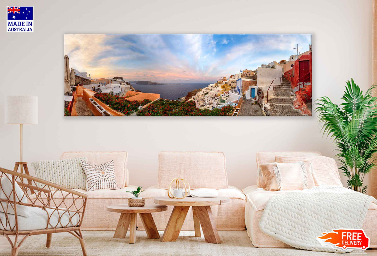 Panoramic Canvas Houses in Oia Town Sunset Sky Photograph High Quality 100% Australian Made Wall Canvas Print Ready to Hang