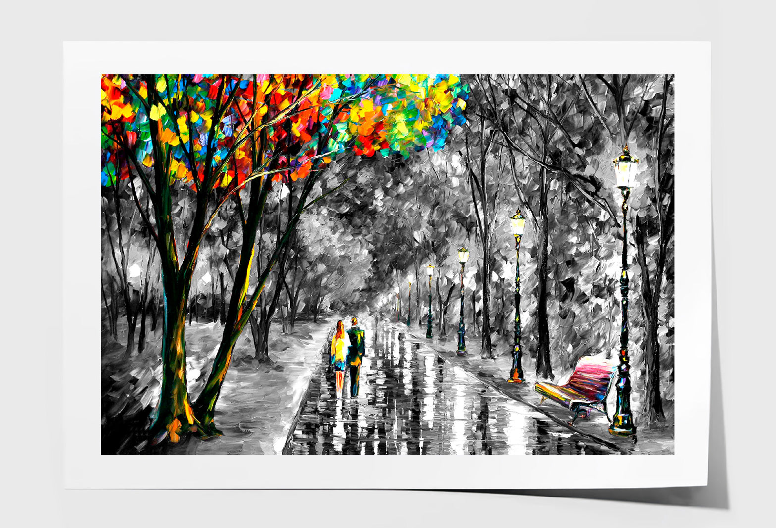 Colorful Leaves Tree & Couple with B&W Forest Painting Wall Art Limited Edition High Quality Print Unframed Roll Canvas None