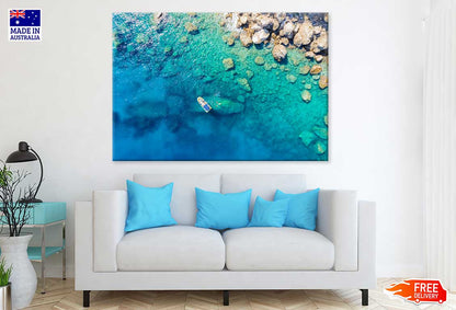 Rib Boat on Rocky Blue Sea Aerial Photograph Print 100% Australian Made