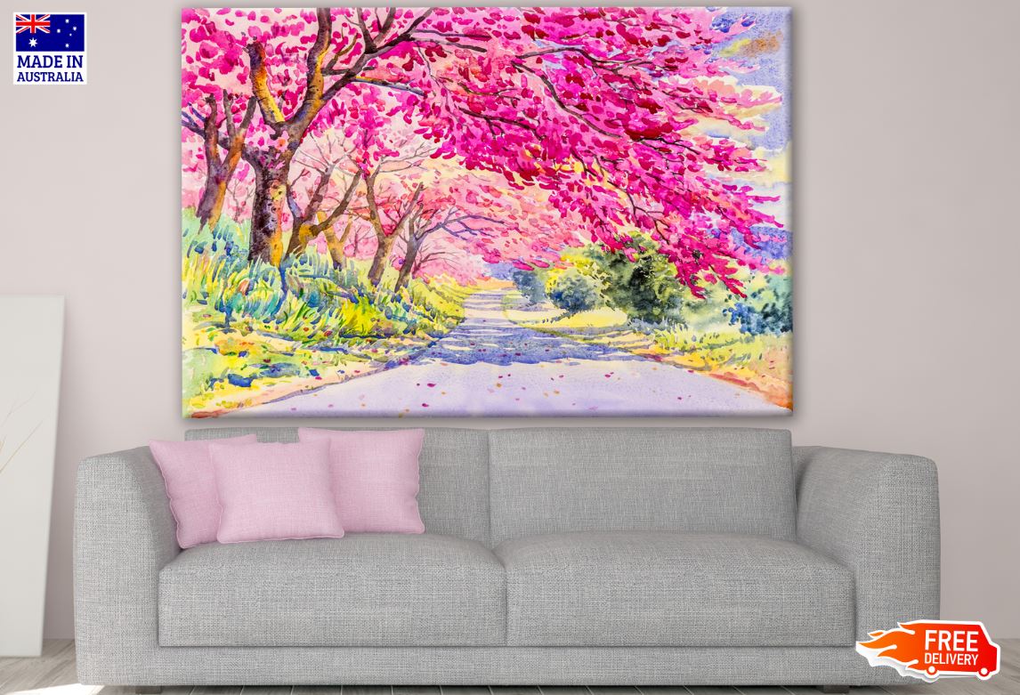 Road Between Rose Floral Tree Forest Painting Print 100% Australian Made